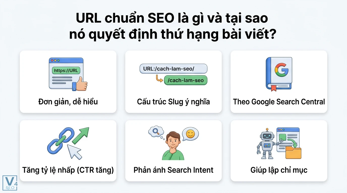 Tối ưu URL để tăng thứ hạng bài viết 2026: Chuẩn AI Search 1 URL chuẩn SEO có cấu trúc slug ý nghĩa giúp tăng tỷ lệ nhấp CTR, phản ánh Search Intent và hỗ trợ Google lập chỉ mục bài viết nhanh chóng
