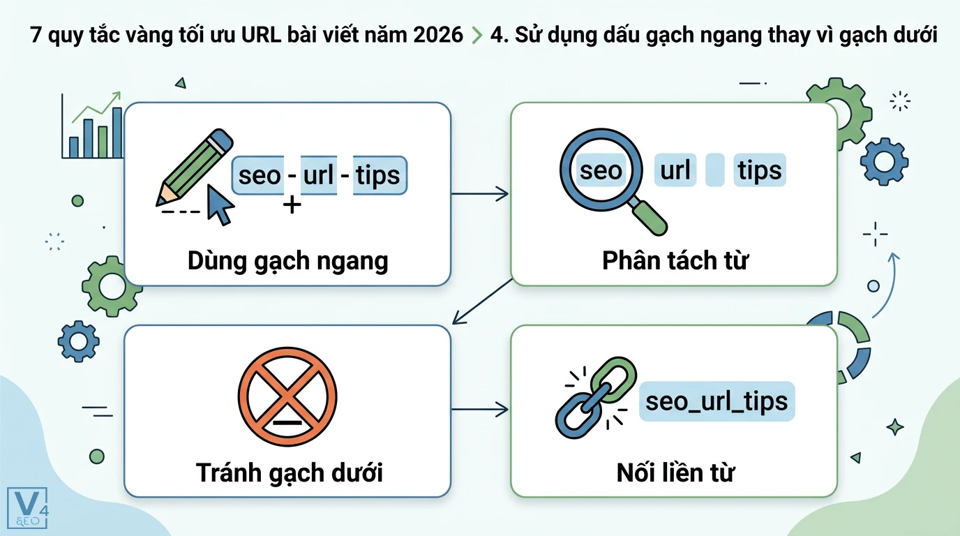 Tối ưu URL để tăng thứ hạng bài viết 2026: Chuẩn AI Search 2 Phân tách từ khóa trong URL bằng dấu gạch ngang seo-url-tips để tối ưu SEO thay vì dùng dấu gạch dưới seo_url_tips khiến các từ bị nối liền