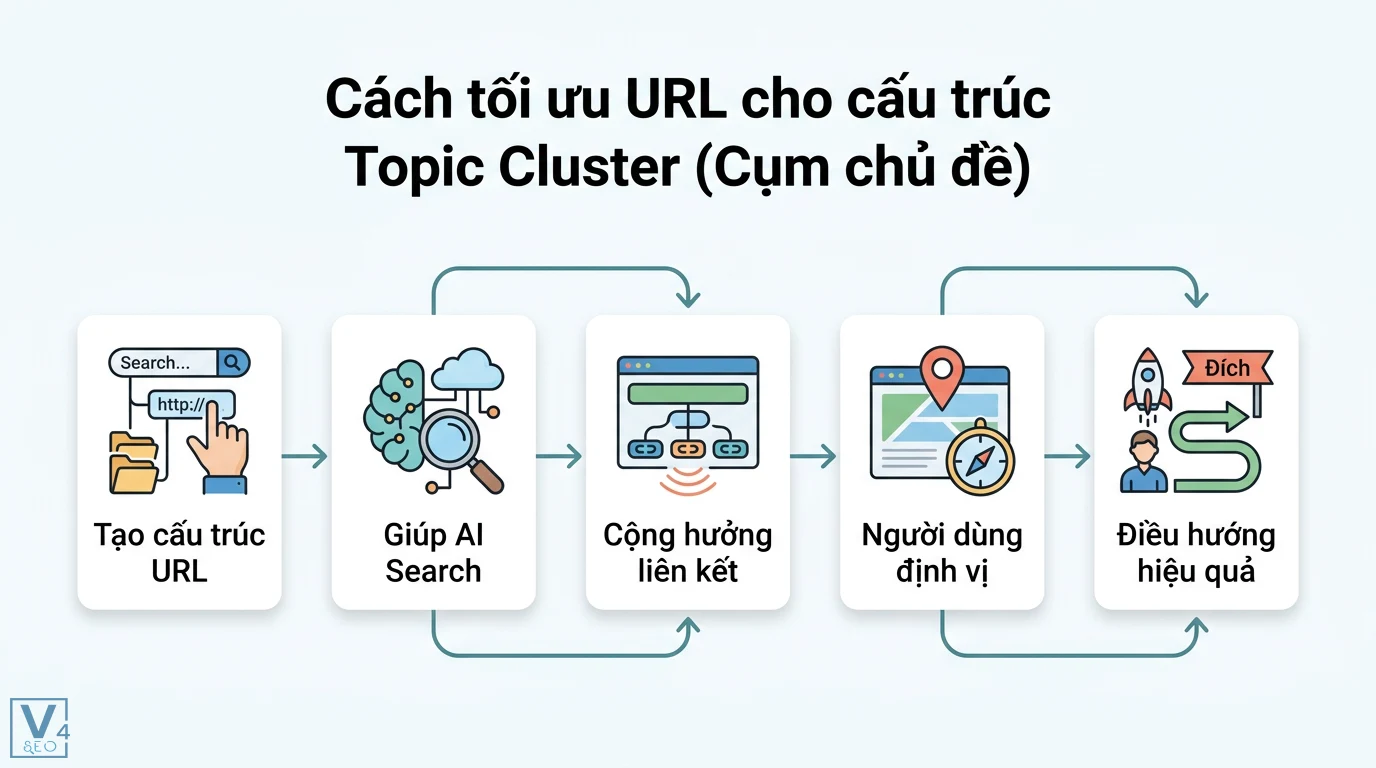 Tối ưu URL để tăng thứ hạng bài viết 2026: Chuẩn AI Search 3 Tối ưu URL cho cấu trúc Topic Cluster giúp AI Search lập bản đồ ngữ nghĩa cộng hưởng liên kết và hỗ trợ người dùng định vị hiệu quả