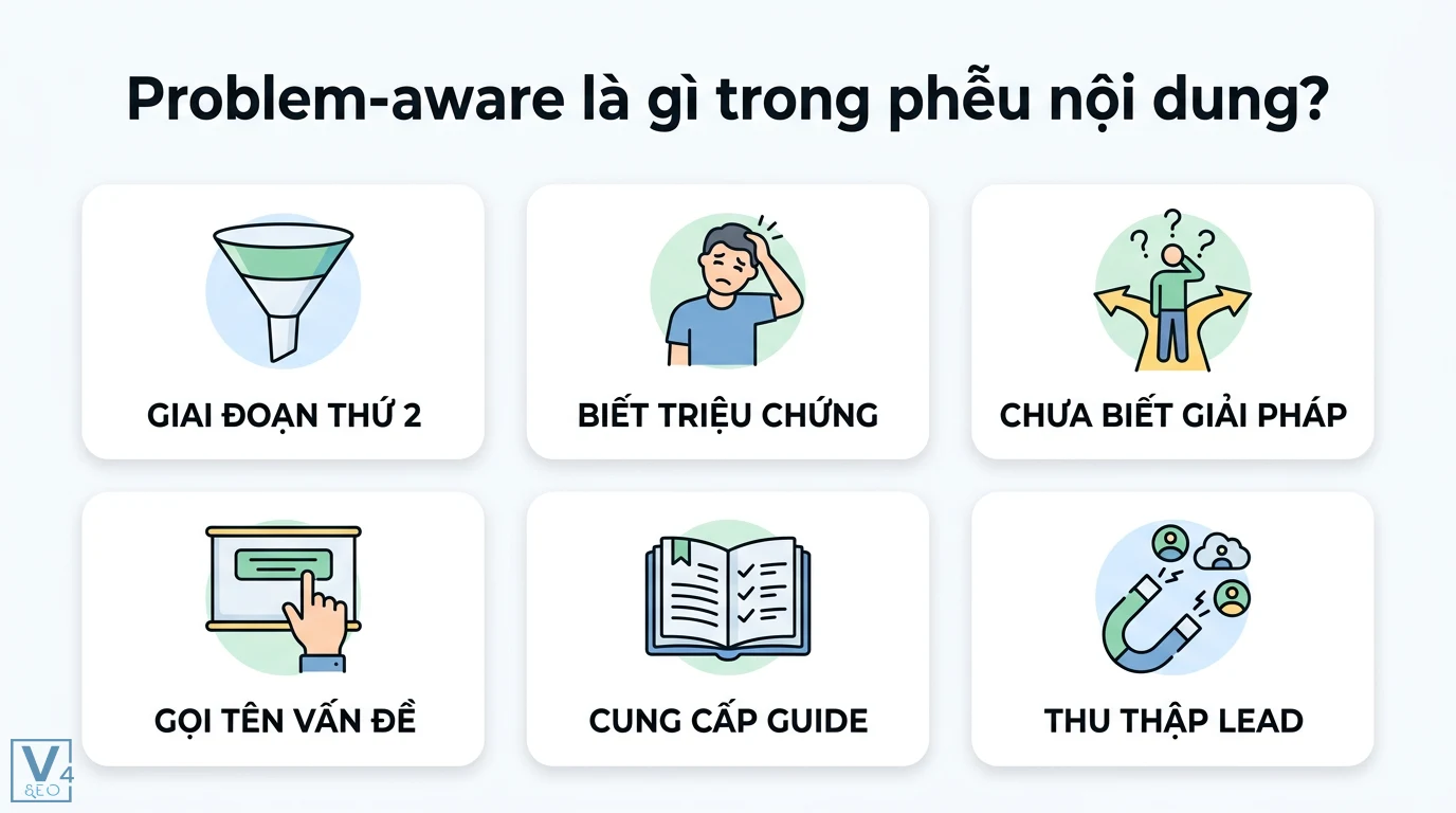 Topic “Problem-Aware” (TOFU) – dạng checklist, guide thực chiến 1 Problem-aware trong phễu nội dung giúp khách hàng nhận diện triệu chứng, gọi tên vấn đề và cung cấp guide để thu thập lead
