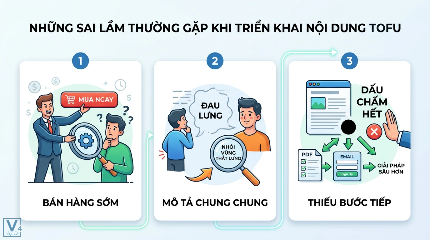 Topic “Problem-Aware” (TOFU) – dạng checklist, guide thực chiến 3 Sai lầm nội dung TOFU khi bán hàng quá sớm, mô tả vấn đề chung chung và thiếu bước chuyển đổi như tải tài liệu PDF hoặc đăng ký email nhận tin