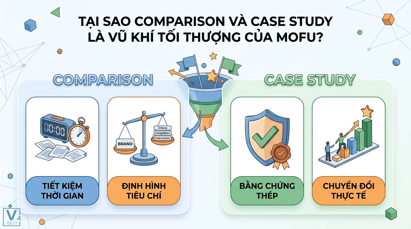 Mẫu Topic “Solution-Aware” (MOFU) – dạng comparison, case study 1 Comparison và Case Study tại MOFU giúp tiết kiệm thời gian, định hình tiêu chí đánh giá, tạo bằng chứng thép và chuyển đổi thực tế
