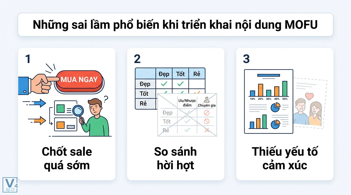 Mẫu Topic “Solution-Aware” (MOFU) – dạng comparison, case study 3 Sai lầm khi triển khai nội dung MOFU như chốt sale quá sớm với nút mua ngay, so sánh hời hợt và thiếu yếu tố cảm xúc trong các case study