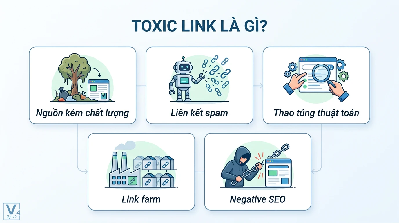 Toxic link là gì? Cách xử lý và lưu ý khi nào không nên Disavow 1 Toxic link bao gồm liên kết từ nguồn kém chất lượng, spam, link farm nhằm mục đích thao túng thuật toán tìm kiếm và thực hiện Negative SEO