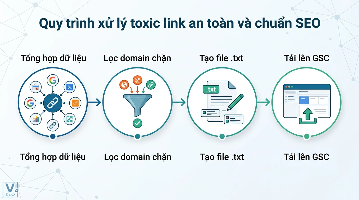Toxic link là gì? Cách xử lý và lưu ý khi nào không nên Disavow 2 Quy trình xử lý toxic link gồm tổng hợp dữ liệu, lọc domain chặn, tạo file .txt và tải lên GSC giúp khôi phục website an toàn và chuẩn SEO