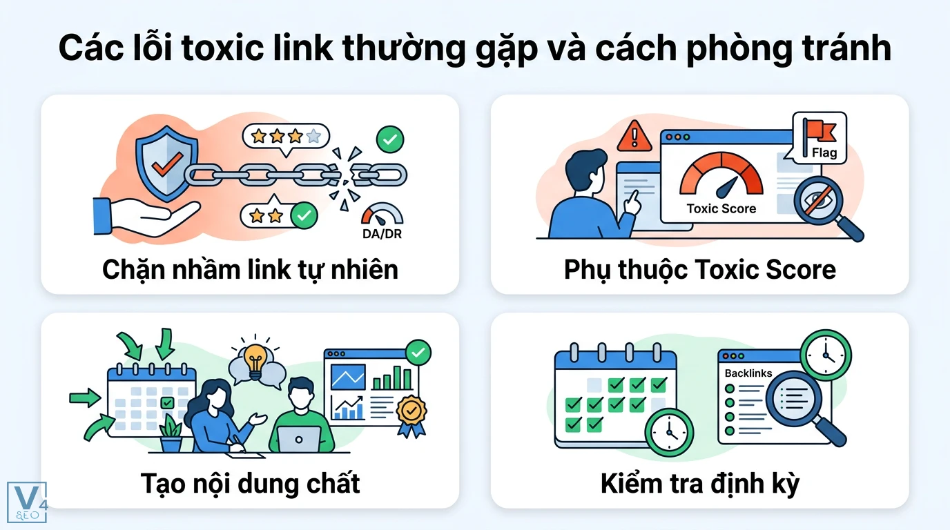 Toxic link là gì? Cách xử lý và lưu ý khi nào không nên Disavow 3 Các lỗi toxic link như chặn nhầm link tự nhiên, phụ thuộc Toxic Score và cách phòng tránh bằng nội dung chất, kiểm tra backlink định kỳ