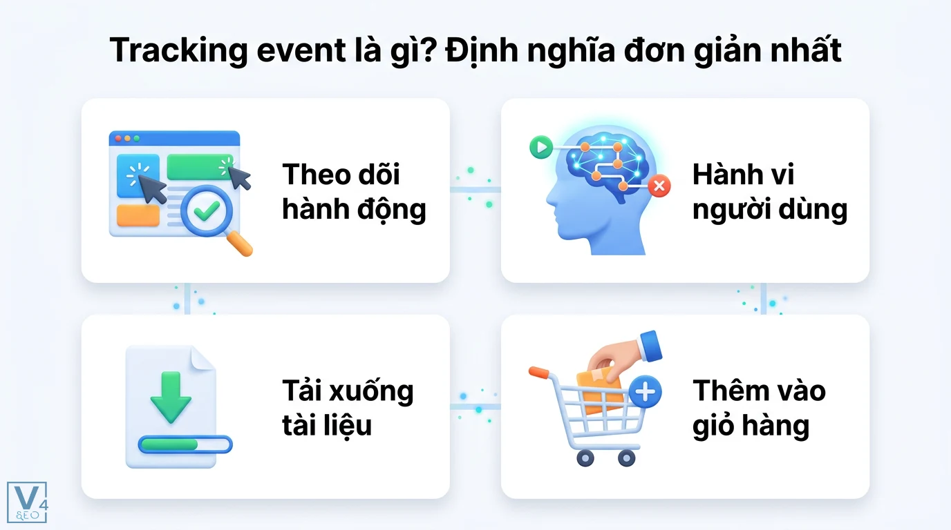 Tracking event là gì? Hướng dẫn GA4 xóa bỏ điểm mù dữ liệu 1 Tracking event ghi nhận hành vi người dùng qua các sự kiện theo dõi hành động, tải xuống tài liệu và thêm sản phẩm vào giỏ hàng trên website
