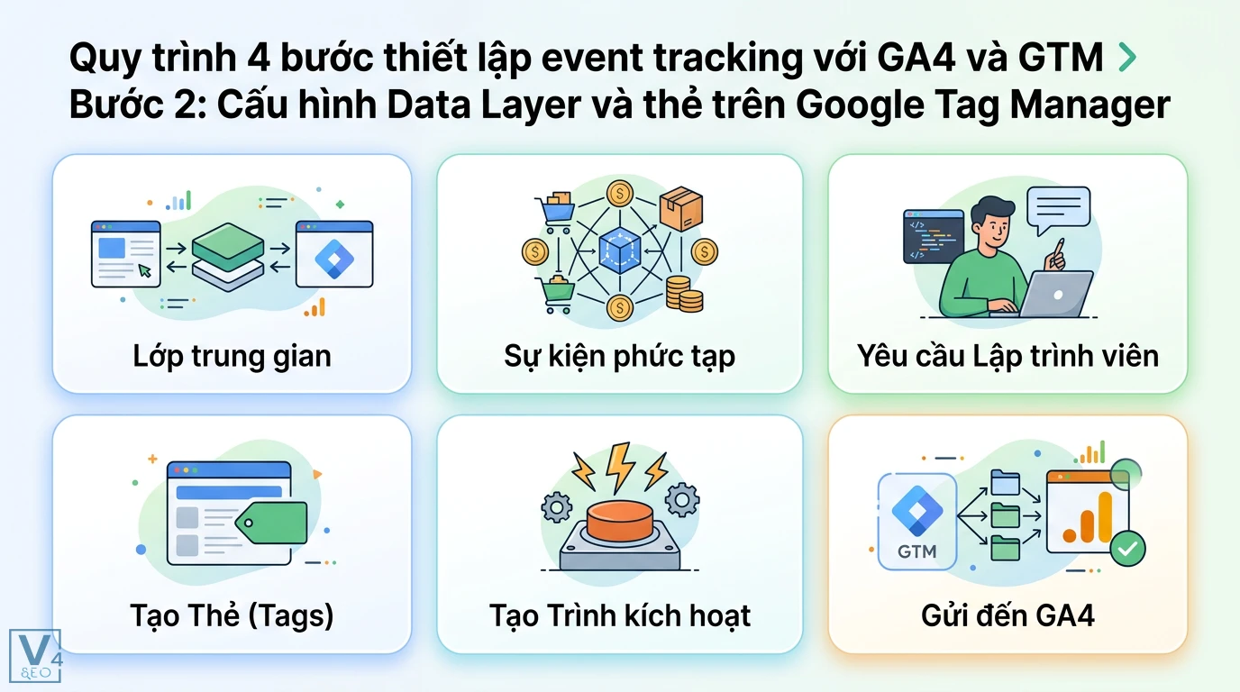 Tracking event là gì? Hướng dẫn GA4 xóa bỏ điểm mù dữ liệu 2 Cấu hình Data Layer trung gian, tạo thẻ Tags và trình kích hoạt trên Google Tag Manager để truyền tải dữ liệu sự kiện từ website về GA4