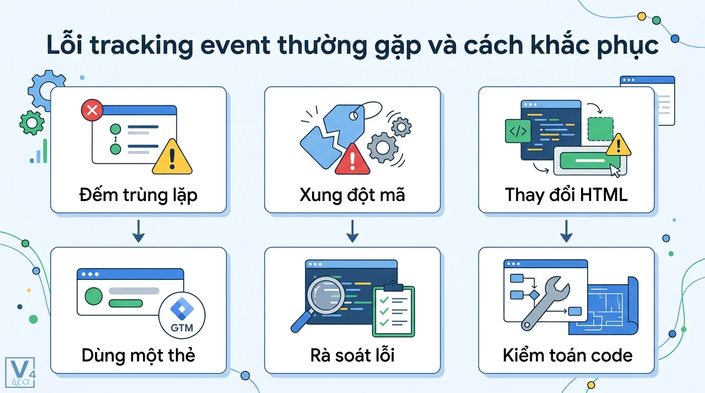 Tracking event là gì? Hướng dẫn GA4 xóa bỏ điểm mù dữ liệu 3 Lỗi tracking event đếm trùng lặp, xung đột mã, thay đổi HTML và cách khắc phục bằng GTM, rà soát lỗi cùng kiểm toán kỹ thuật mã nguồn
