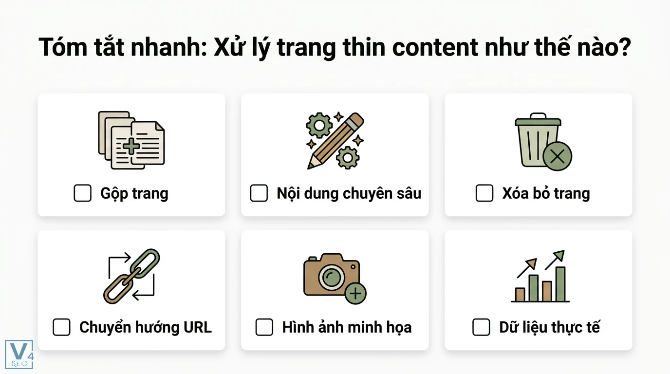 Trang thin content là gì? Quy trình audit và xử lý nội dung mỏng 1 Xử lý thin content qua gộp trang, xóa bỏ, chuyển hướng URL, nâng cấp nội dung chuyên sâu, thêm yếu tố trực quan và dữ liệu thực tế