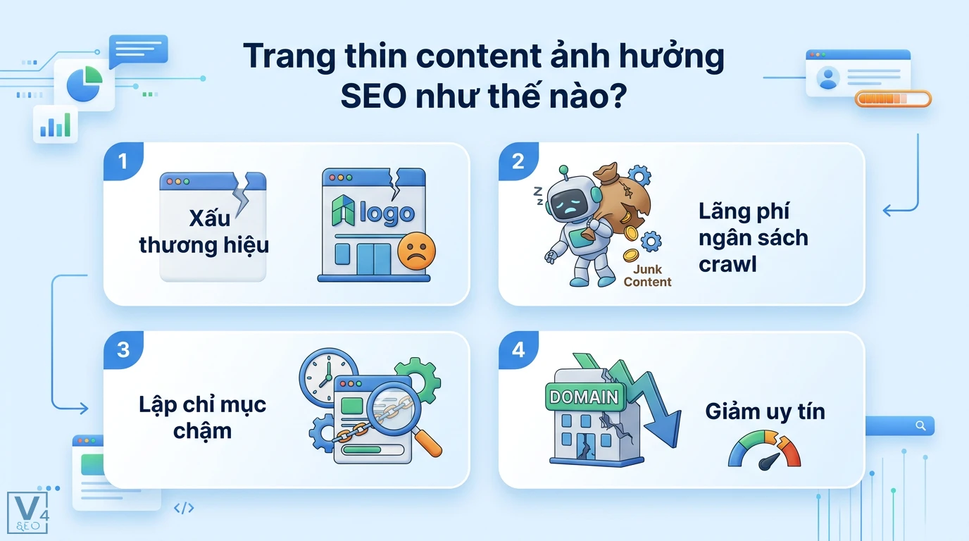 Trang thin content là gì? Quy trình audit và xử lý nội dung mỏng 2 Tác động của thin content đến SEO gồm làm xấu thương hiệu, lãng phí ngân sách crawl, chậm lập chỉ mục và giảm uy tín của toàn website