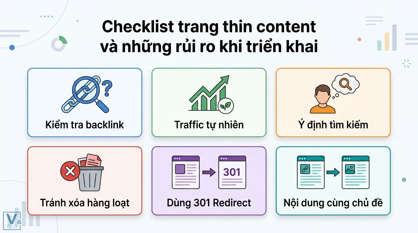 Trang thin content là gì? Quy trình audit và xử lý nội dung mỏng 3 Checklist trang thin content và rủi ro SEO gồm kiểm tra backlink, traffic tự nhiên, ý định tìm kiếm, tránh xóa hàng loạt và 301 redirect