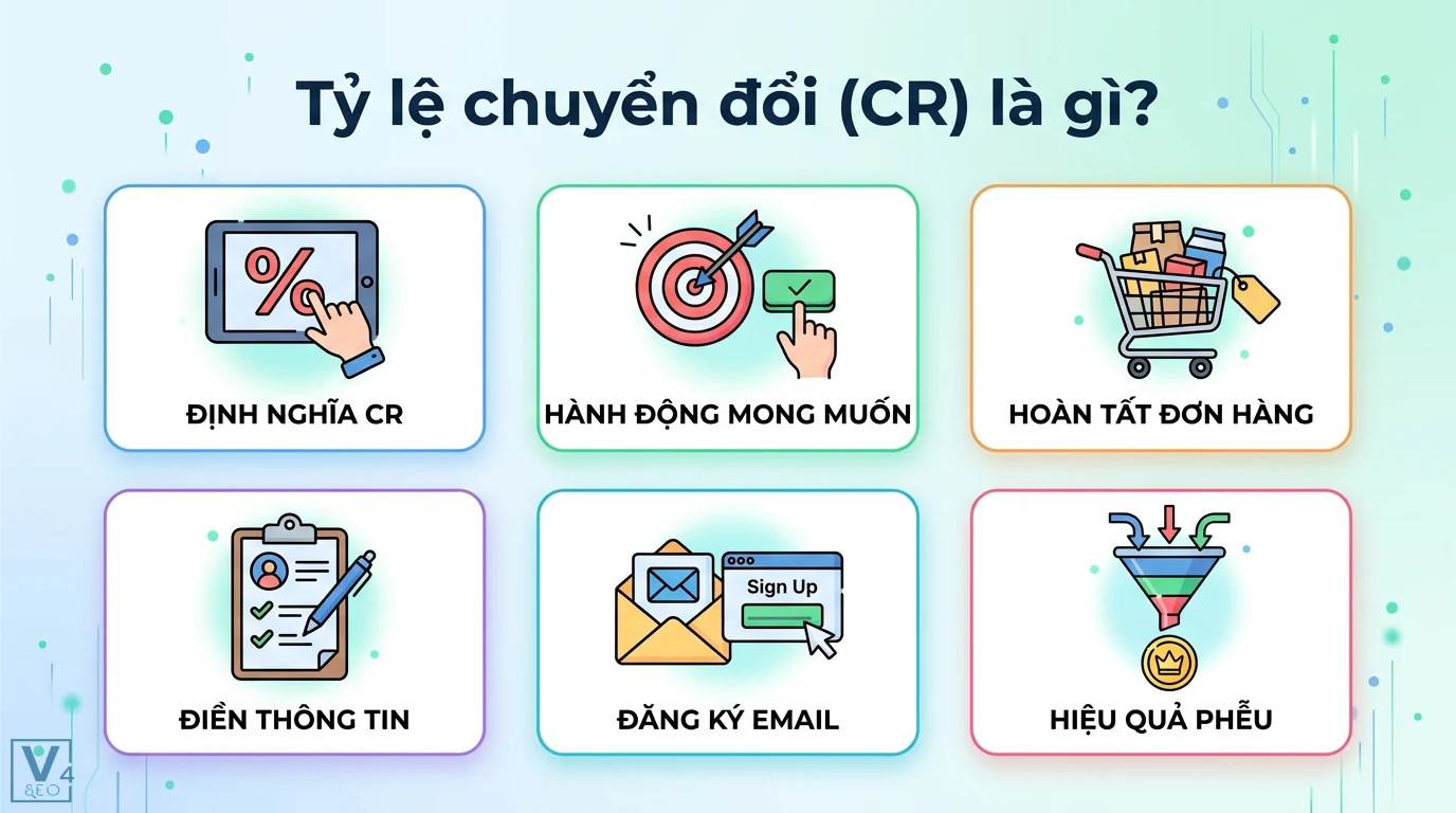 Tỷ lệ chuyển đổi (CR) là gì? Cách tính và bộ chỉ số tối ưu CRO 1 Tỷ lệ chuyển đổi CR bao gồm các hành động mong muốn như hoàn tất đơn hàng, điền thông tin, đăng ký email và hiệu quả phễu bán hàng