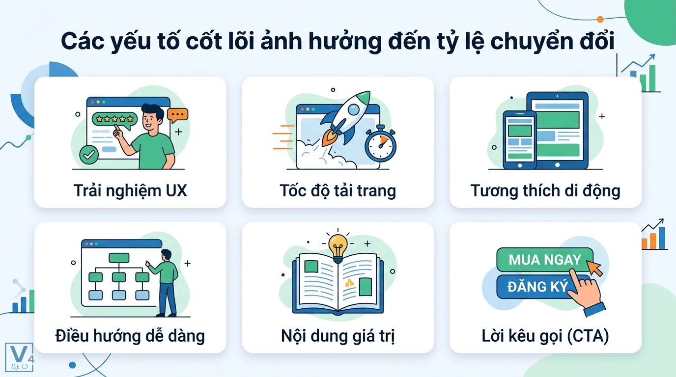Tỷ lệ chuyển đổi (CR) là gì? Cách tính và bộ chỉ số tối ưu CRO 2 Các yếu tố cốt lõi ảnh hưởng đến tỷ lệ chuyển đổi gồm trải nghiệm UX, tốc độ tải trang, tương thích di động, điều hướng, nội dung và CTA