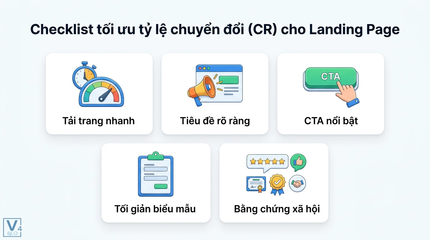 Tỷ lệ chuyển đổi (CR) là gì? Cách tính và bộ chỉ số tối ưu CRO 3 Checklist tối ưu tỷ lệ chuyển đổi CR Landing Page gồm tải trang nhanh, tiêu đề rõ ràng, CTA nổi bật, tối giản biểu mẫu và bằng chứng xã hội