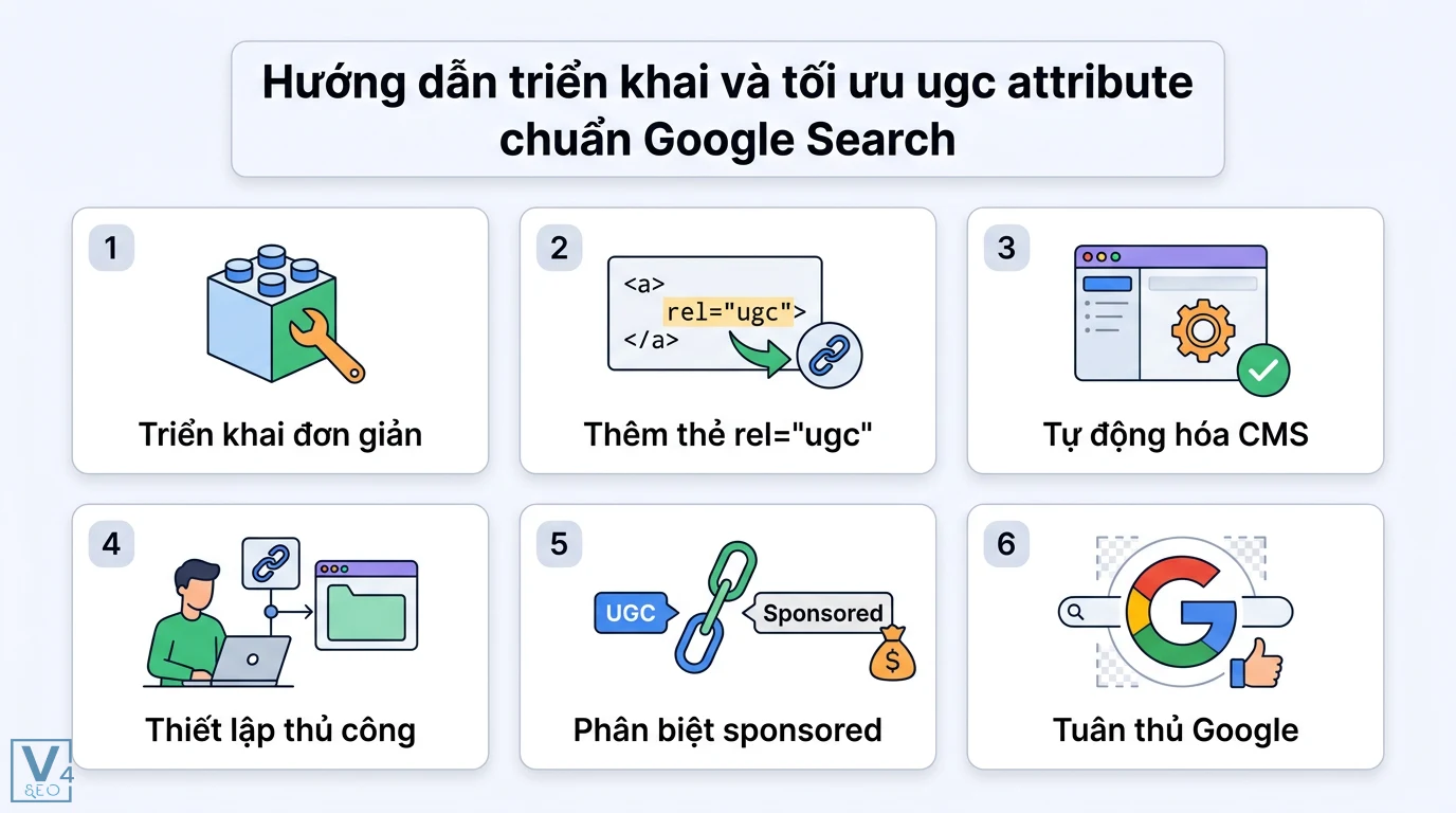 UGC attribute là gì? Hướng dẫn về Marketing và kỹ thuật rel=ugc 2 Triển khai thuộc tính rel ugc vào mã nguồn website giúp tự động hóa CMS và phân biệt với thẻ sponsored nhằm tuân thủ chuẩn Google Search