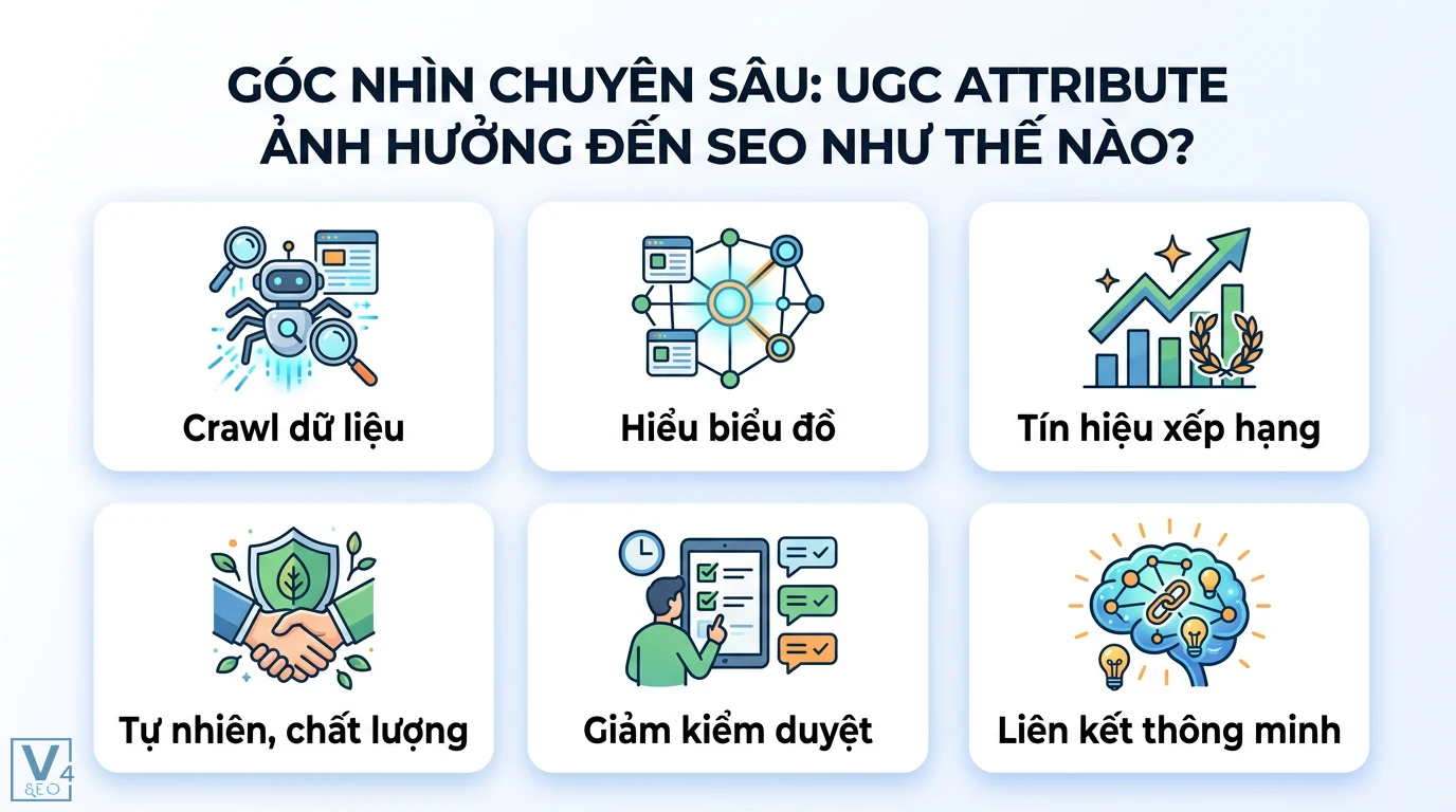 UGC attribute là gì? Hướng dẫn về Marketing và kỹ thuật rel=ugc 3 Thuộc tính UGC tác động SEO qua crawl dữ liệu, tín hiệu xếp hạng, liên kết thông minh và giảm kiểm duyệt nội dung tự nhiên chất lượng