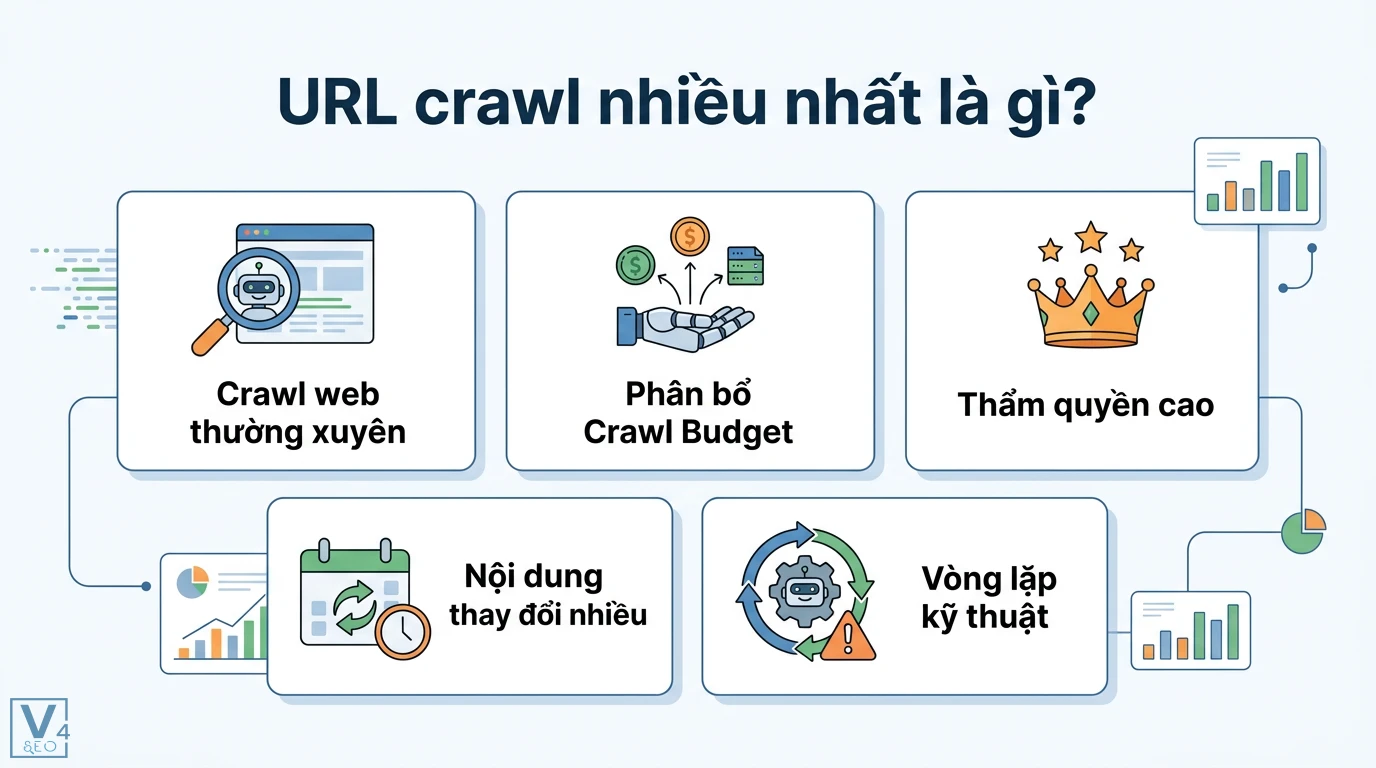 URL crawl nhiều nhất là gì? Cách Googlebot ưu tiên Crawl Demand 1 URL crawl nhiều nhất do Googlebot phân bổ Crawl Budget dựa trên thẩm quyền cao, nội dung thay đổi thường xuyên hoặc các vòng lặp kỹ thuật
