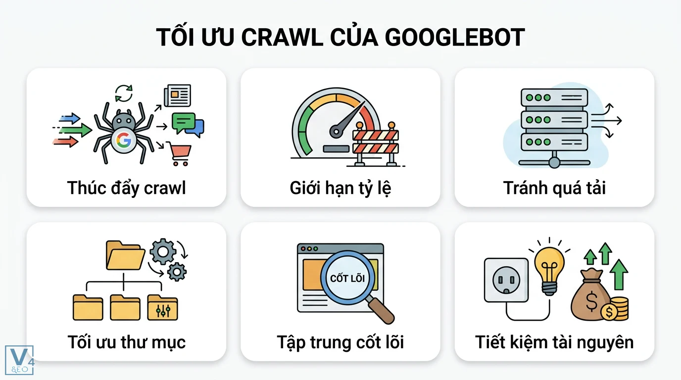 URL crawl nhiều nhất là gì? Cách Googlebot ưu tiên Crawl Demand 2 Tối ưu crawl của Googlebot qua thúc đẩy nhu cầu dữ liệu, giới hạn tỷ lệ tránh quá tải và tối ưu thư mục tập trung nội dung cốt lõi