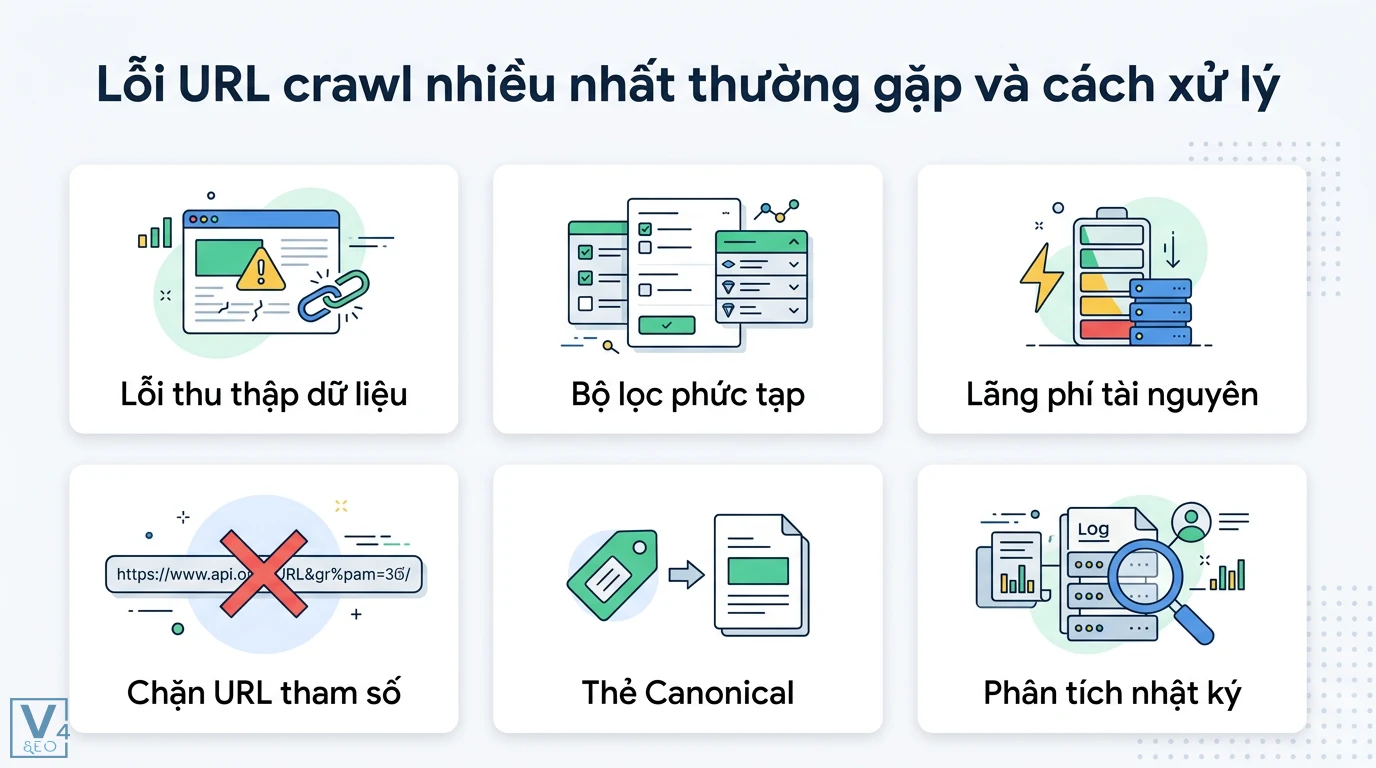 URL crawl nhiều nhất là gì? Cách Googlebot ưu tiên Crawl Demand 3 Xử lý lỗi URL crawl do bộ lọc phức tạp bằng cách chặn tham số, dùng thẻ canonical và phân tích nhật ký nhằm tối ưu hóa crawl budget