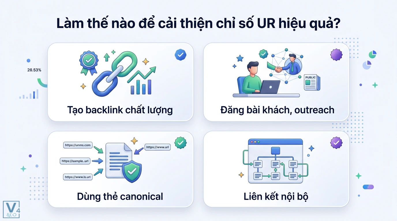 URL rating (metric) là gì? Cách tăng UR và phân biệt với DR Ahrefs 2 Cải thiện chỉ số UR hiệu quả bằng cách xây dựng backlink chất lượng, guest post outreach, dùng thẻ canonical và tối ưu hóa liên kết nội bộ