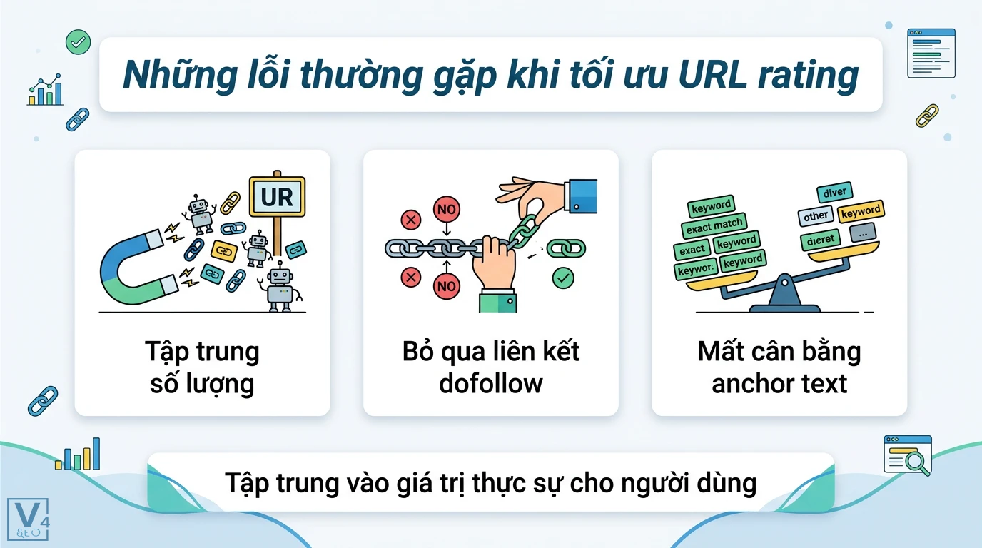 URL rating (metric) là gì? Cách tăng UR và phân biệt với DR Ahrefs 3 Lỗi tối ưu URL rating khi tập trung số lượng, thiếu liên kết dofollow và mất cân bằng anchor text thay vì chú trọng giá trị cho người dùng