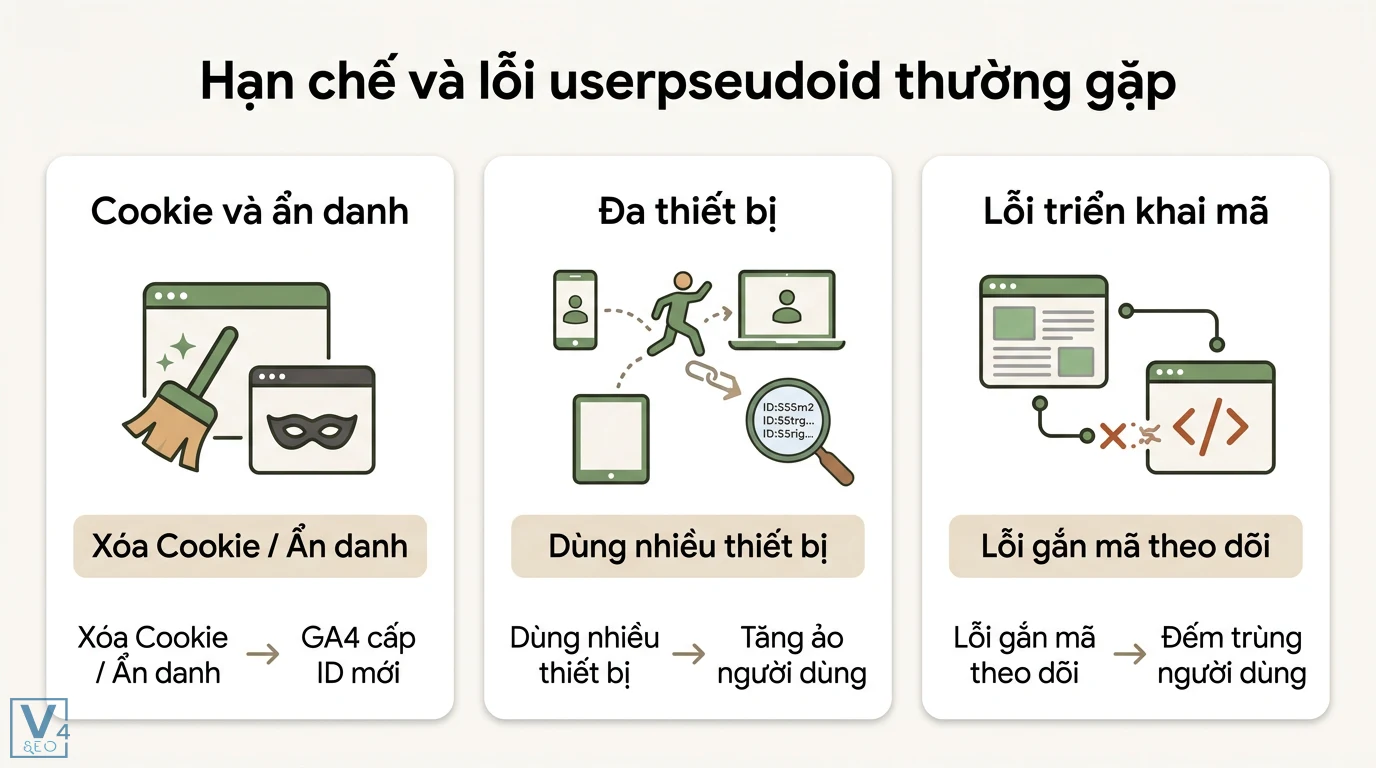 user_pseudo_id là gì? Phân biệt với user_id và cách dùng BigQuery 2 Hạn chế và lỗi userpseudoid thường gặp do xóa cookie, ẩn danh, đa thiết bị và lỗi gắn mã theo dõi làm sai lệch số lượng người dùng thực tế