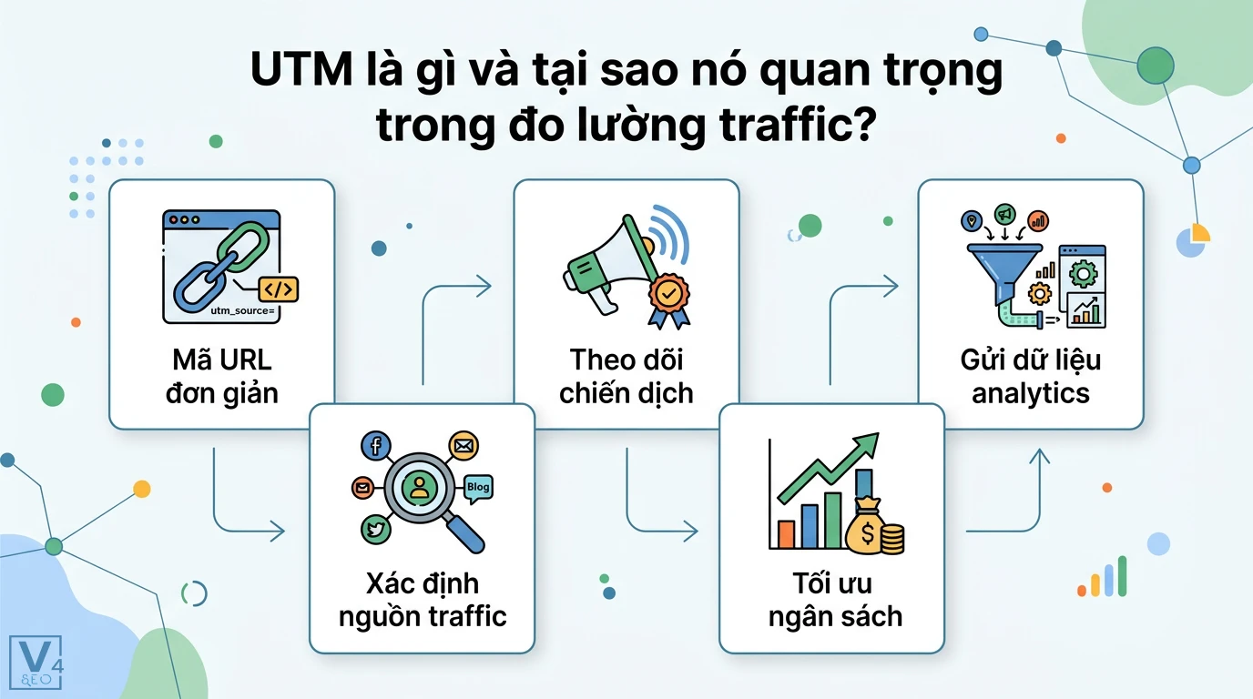 UTM là gì? Hướng dẫn tạo mã chuẩn GA4 và quản lý traffic hiệu quả 1 Mã UTM giúp xác định nguồn traffic, theo dõi chiến dịch, tối ưu ngân sách marketing và gửi dữ liệu đo lường hiệu quả về hệ thống analytics