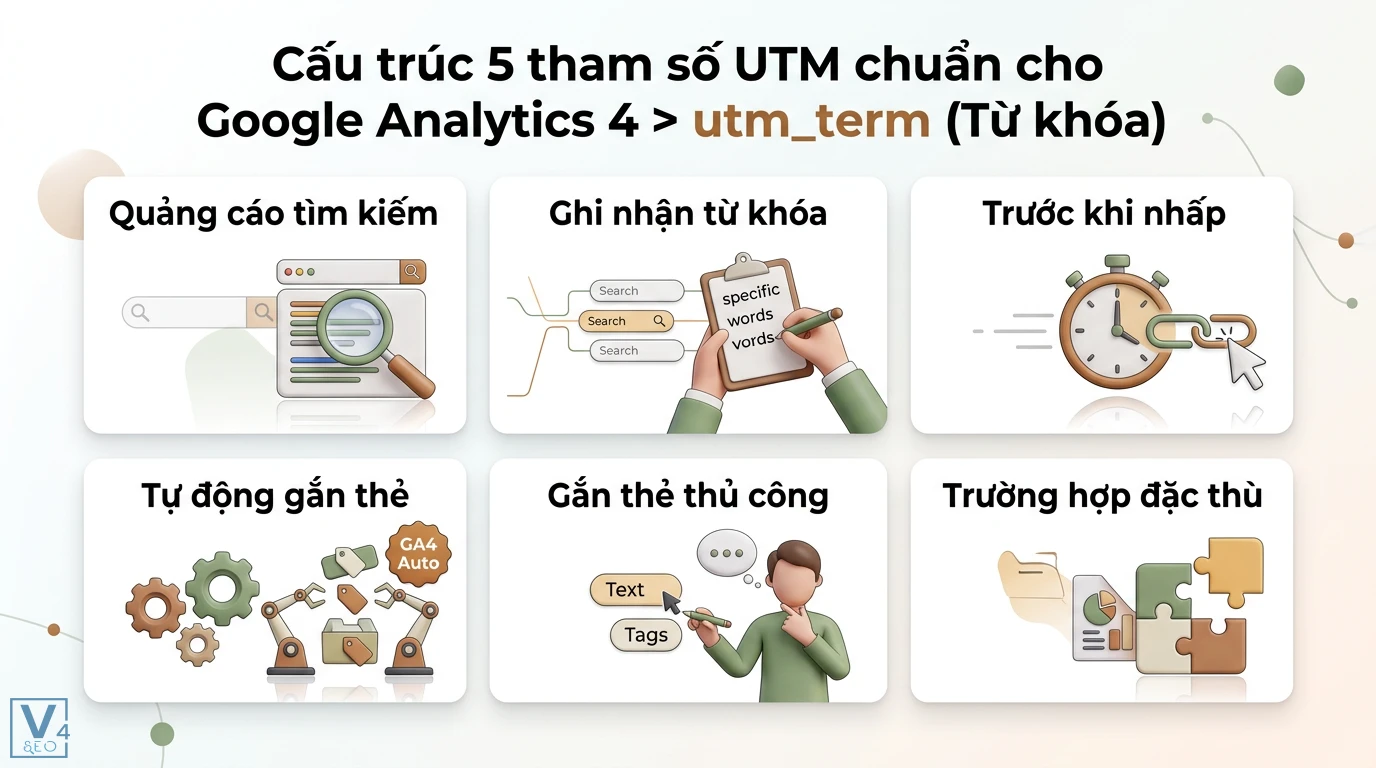 UTM là gì? Hướng dẫn tạo mã chuẩn GA4 và quản lý traffic hiệu quả 2 Tham số utm_term trong Google Analytics 4 ghi nhận từ khóa quảng cáo tìm kiếm trước khi nhấp qua việc tự động hoặc thủ công gắn thẻ
