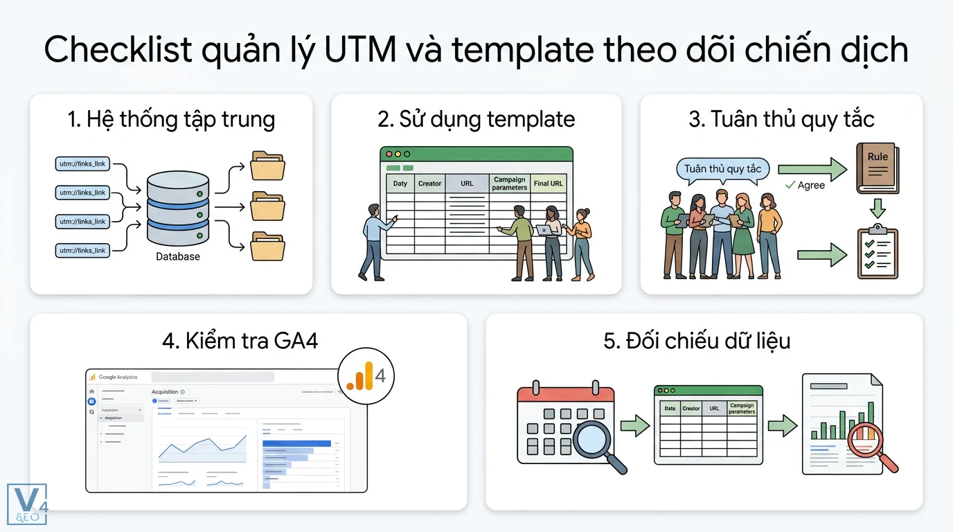 UTM là gì? Hướng dẫn tạo mã chuẩn GA4 và quản lý traffic hiệu quả 3 Checklist quản lý UTM tập trung bằng template spreadsheet giúp tuân thủ quy tắc đặt tên và đối chiếu dữ liệu báo cáo Acquisition trong GA4
