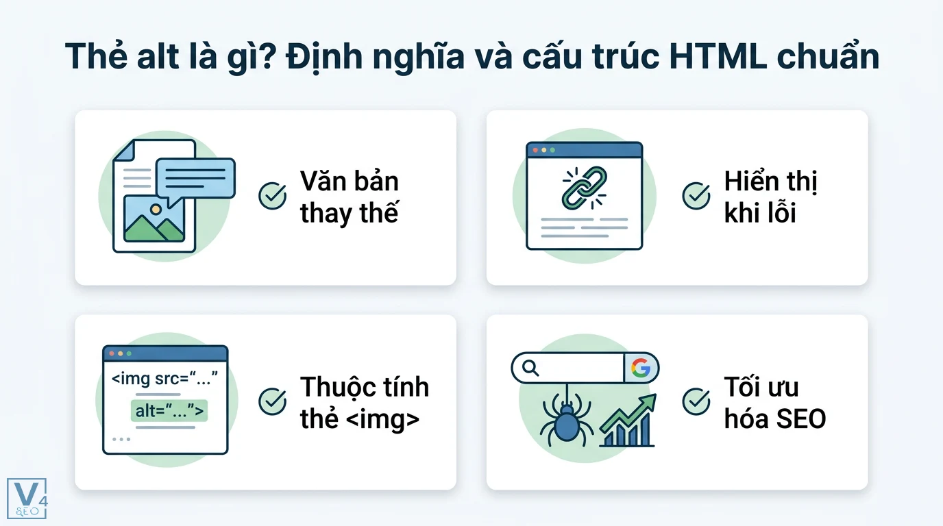 Thẻ ALT trong SEO hình ảnh 2026: Tối ưu với AI & Gemini mới nhất 1 Thẻ alt định nghĩa văn bản thay thế trong thuộc tính thẻ img giúp hiển thị nội dung khi lỗi và hỗ trợ Google lập chỉ mục để tối ưu hóa SEO