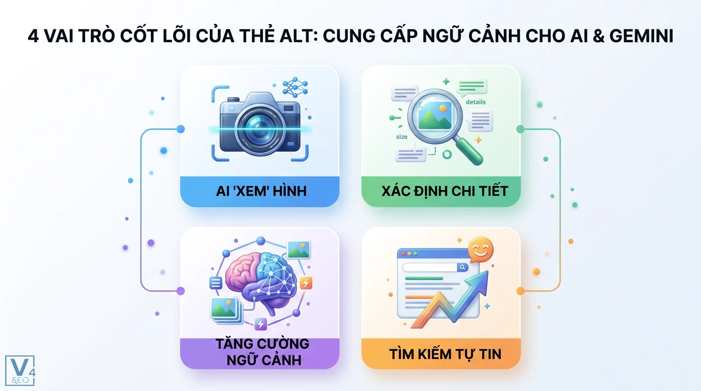 Thẻ ALT trong SEO hình ảnh 2026: Tối ưu với AI & Gemini mới nhất 2 Cơ chế thẻ alt giúp AI Gemini xác thực nội dung, xác định chi tiết và tăng cường ngữ cảnh nhằm nâng cao mức độ tin cậy khi xếp hạng tìm kiếm