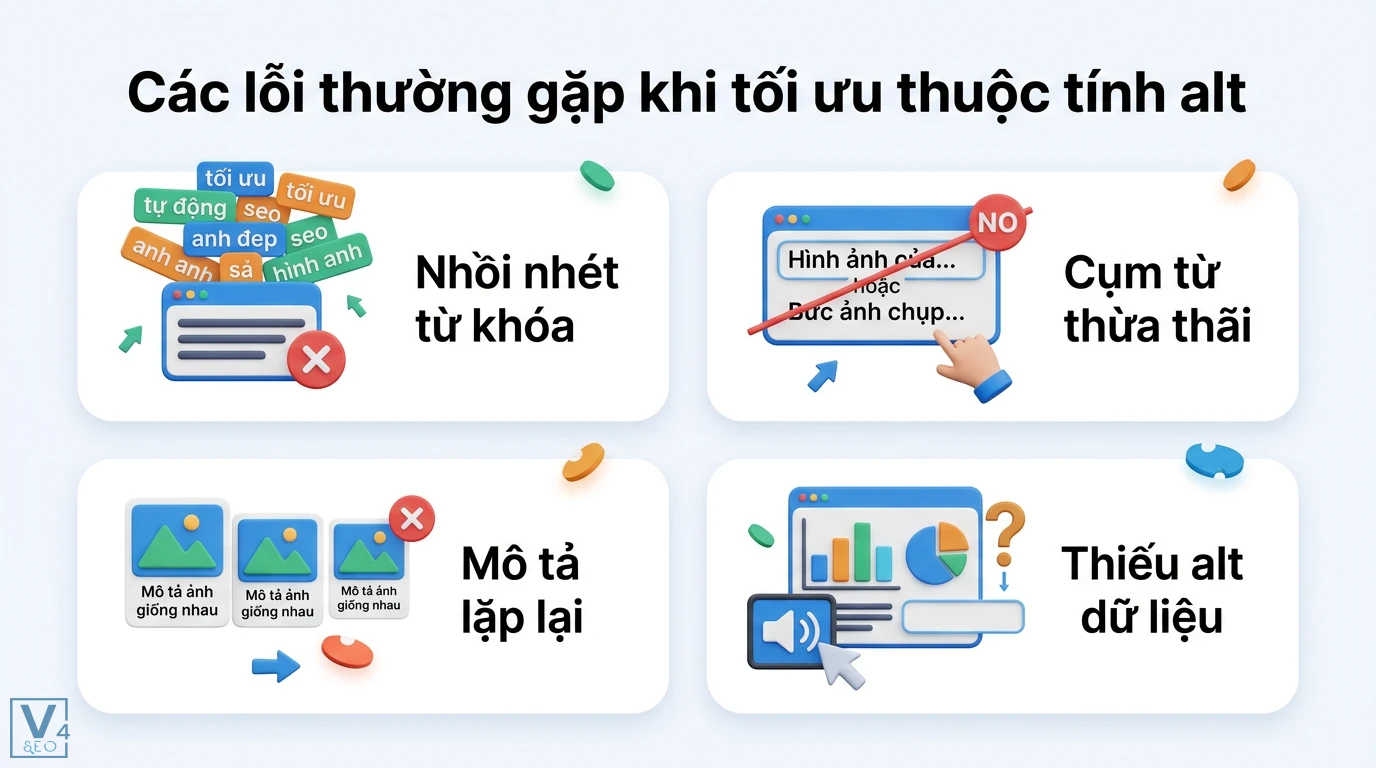 Thẻ ALT trong SEO hình ảnh 2026: Tối ưu với AI & Gemini mới nhất 3 Lỗi tối ưu thuộc tính alt gồm nhồi nhét từ khóa, dùng cụm từ thừa thãi, mô tả lặp lại và thiếu văn bản thay thế cho dữ liệu quan trọng