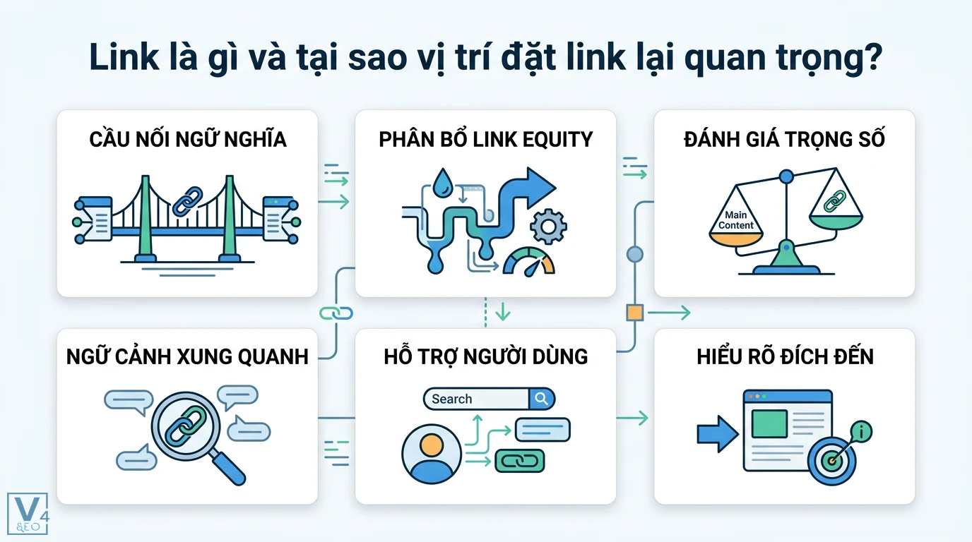 Vị trí link là gì? Cách đặt liên kết tối ưu SEO và trải nghiệm 1 Vị trí đặt link giúp phân bổ link equity, làm cầu nối ngữ nghĩa, đánh giá trọng số nội dung, hỗ trợ người dùng và làm rõ ngữ cảnh URL đích