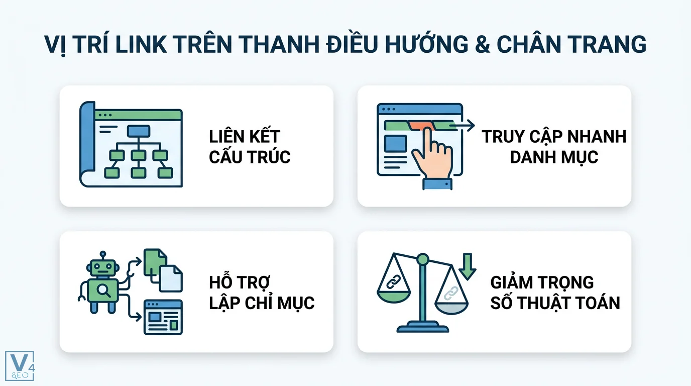 Vị trí link là gì? Cách đặt liên kết tối ưu SEO và trải nghiệm 2 Vị trí link trên thanh điều hướng và chân trang giúp tạo liên kết cấu trúc, hỗ trợ lập chỉ mục và bị thuật toán giảm nhẹ trọng số