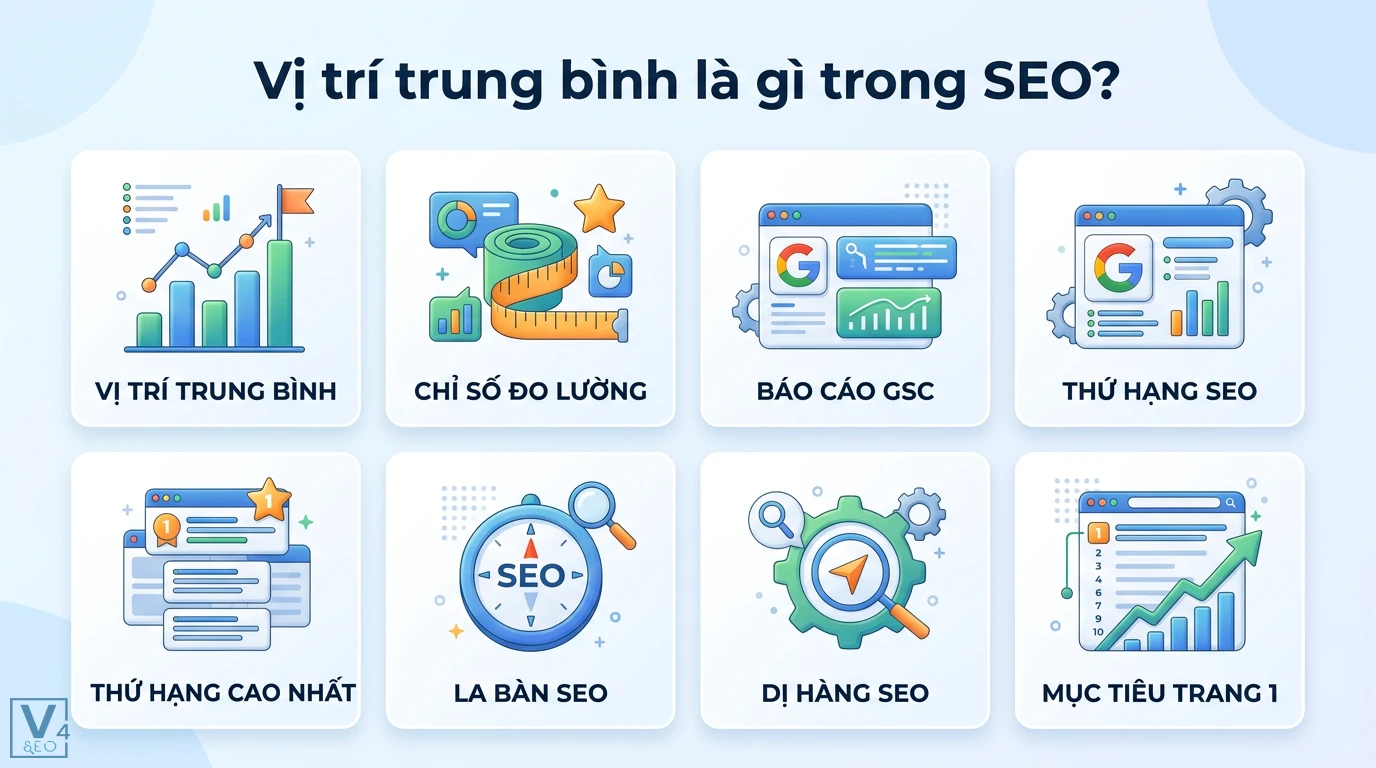 Vị trí trung bình là gì? Hiểu đúng về số trung vị và thứ hạng SEO 1 Vị trí trung bình trong SEO và các chỉ số đo lường thứ hạng cao nhất trên báo cáo GSC giúp tối ưu mục tiêu hiển thị tại trang 1 Google