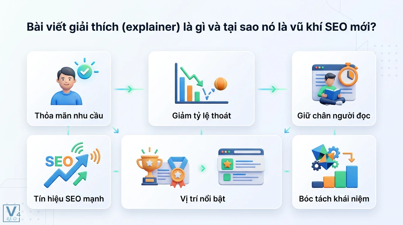 Viết bài Explainer chuẩn SEO: Bí quyết làm rõ khái niệm, tăng traffic 1 Bài viết giải thích thỏa mãn nhu cầu, giảm tỷ lệ thoát, bóc tách khái niệm giúp tạo tín hiệu SEO mạnh và chiếm vị trí nổi bật trên Google