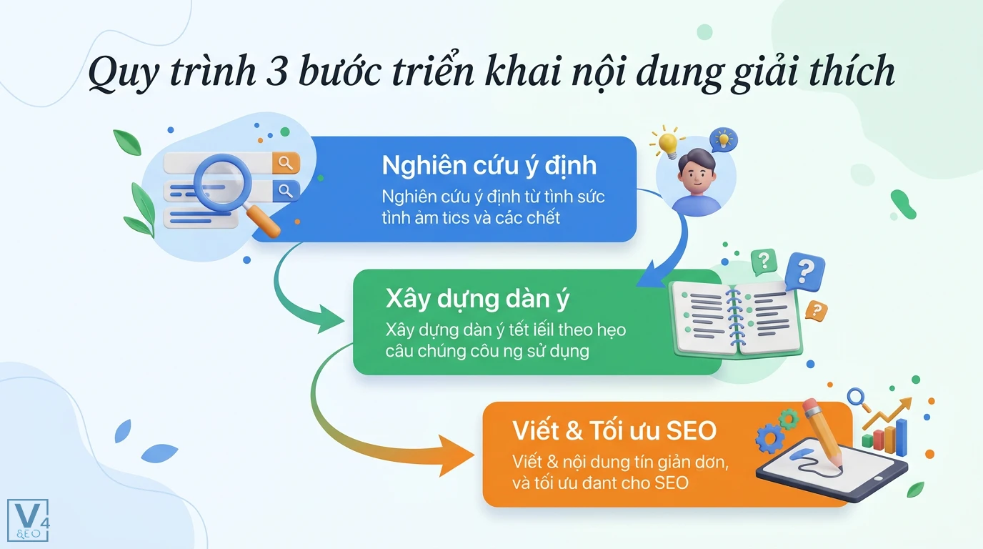 Viết bài Explainer chuẩn SEO: Bí quyết làm rõ khái niệm, tăng traffic 2 Quy trình 3 bước triển khai nội dung giải thích gồm nghiên cứu ý định tìm kiếm, xây dựng dàn ý chi tiết và viết bài tối ưu SEO On-page