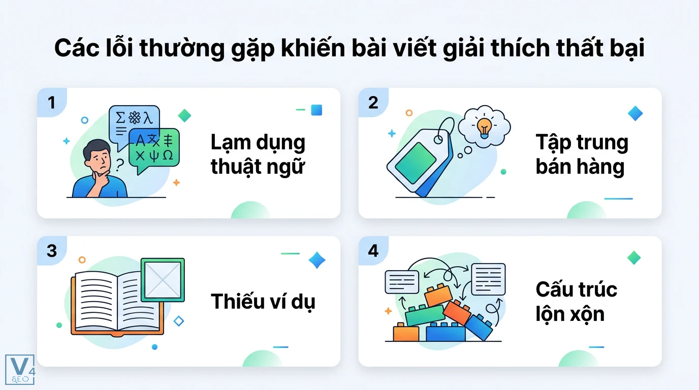 Viết bài Explainer chuẩn SEO: Bí quyết làm rõ khái niệm, tăng traffic 3 Các lỗi thường gặp khiến bài viết giải thích thất bại gồm lạm dụng thuật ngữ, tập trung bán hàng, thiếu ví dụ minh họa và cấu trúc lộn xộn