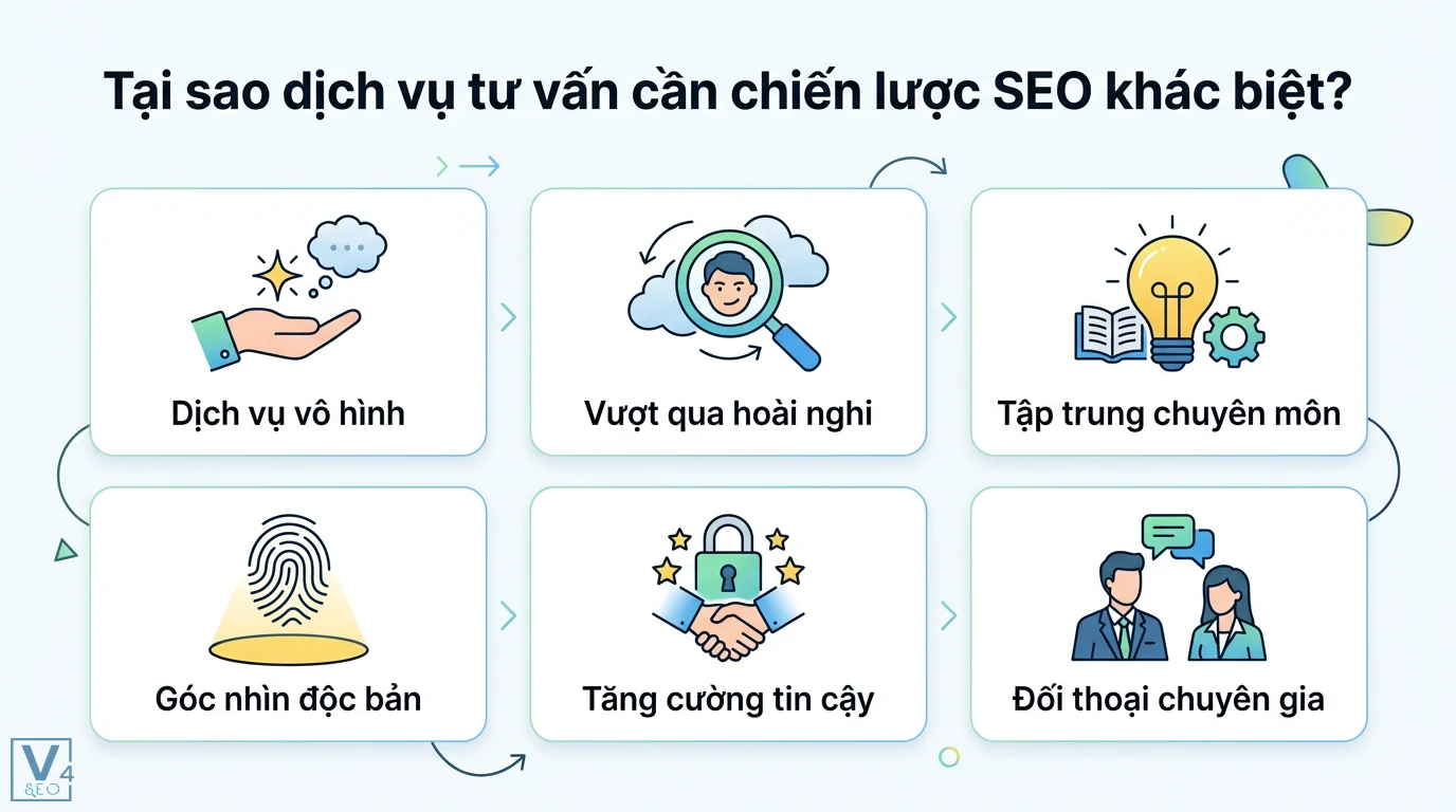 Viết bài SEO cho dịch vụ tư vấn: Làm sao để nổi bật? Mẹo E-E-A-T 1 Chiến lược SEO dịch vụ tư vấn vượt qua hoài nghi bằng góc nhìn độc bản, chuyên môn sâu và tăng cường tin cậy qua đối thoại chuyên gia