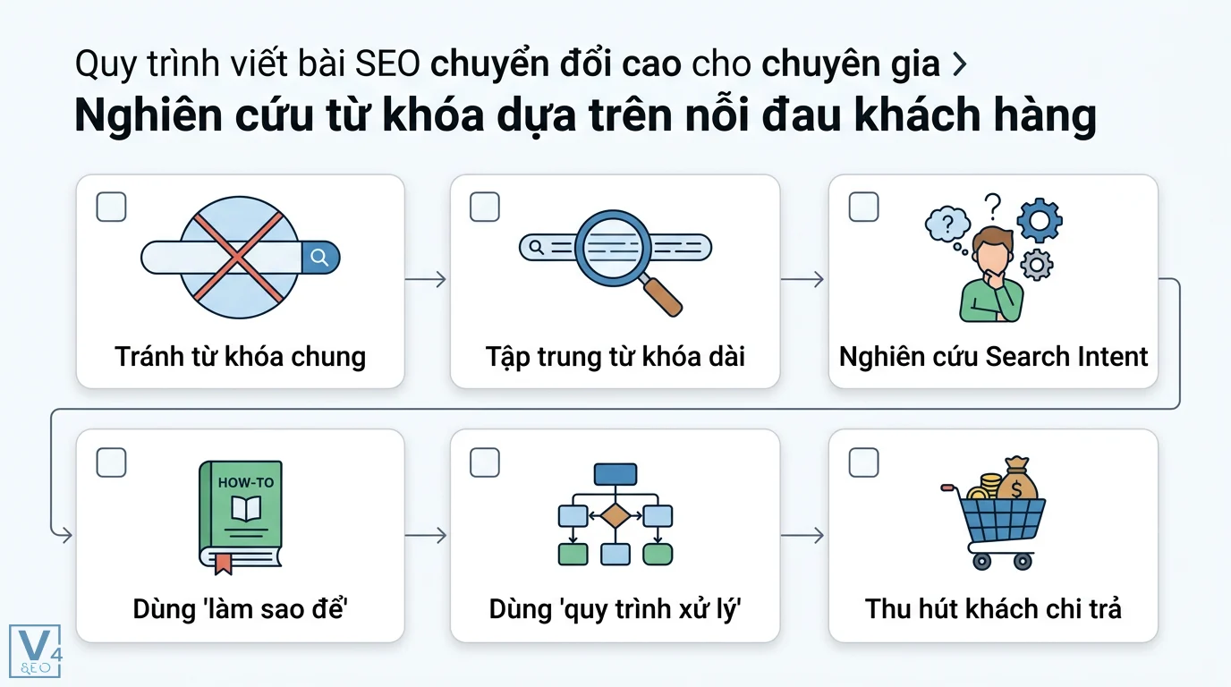 Viết bài SEO cho dịch vụ tư vấn: Làm sao để nổi bật? Mẹo E-E-A-T 2 Nghiên cứu từ khóa dựa trên nỗi đau khách hàng bằng cách tối ưu Search Intent và từ khóa dài để thu hút khách hàng sẵn sàng chi trả cao