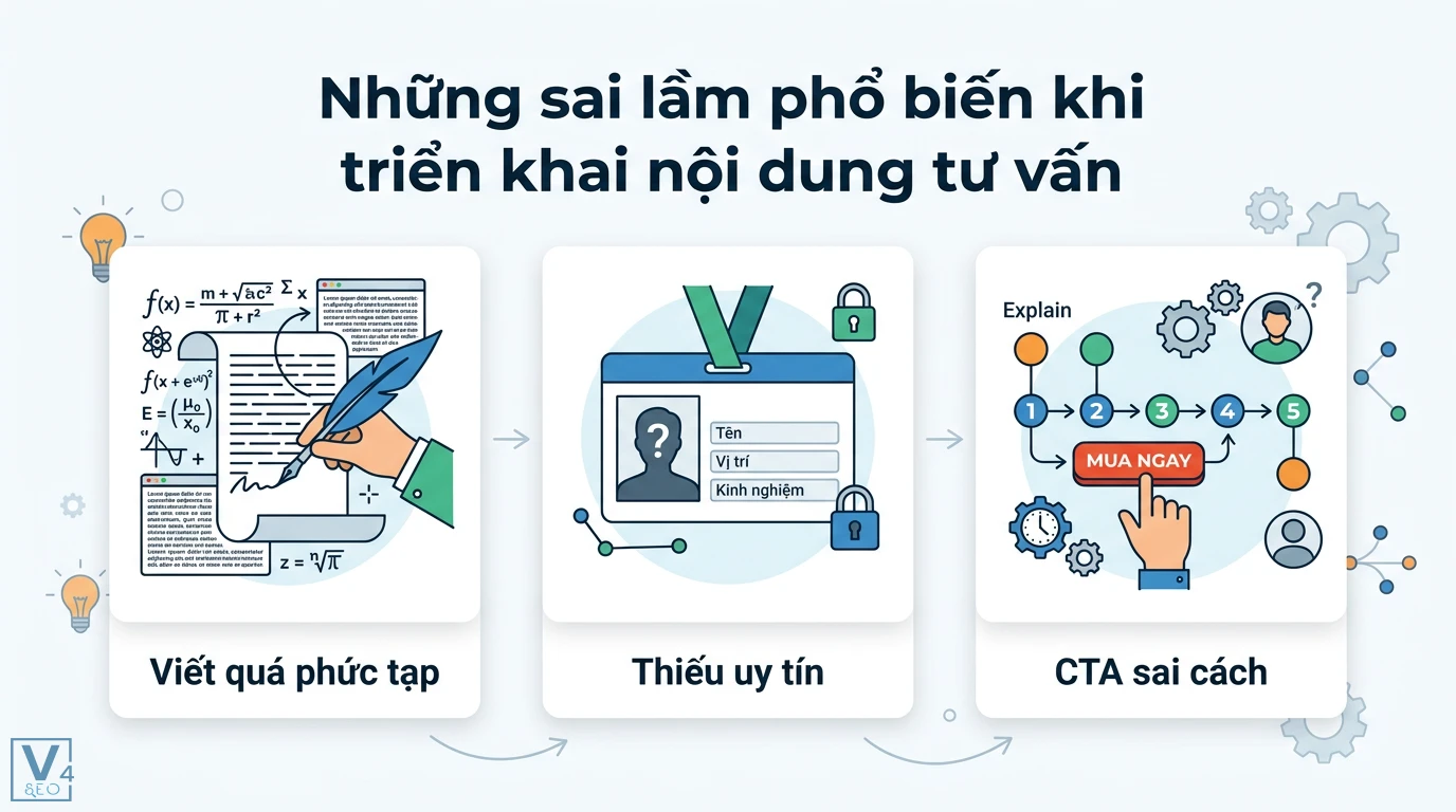 Viết bài SEO cho dịch vụ tư vấn: Làm sao để nổi bật? Mẹo E-E-A-T 3 Sai lầm khi triển khai nội dung tư vấn như viết quá phức tạp, thiếu uy tín người viết và đặt lời kêu gọi hành động CTA sai thời điểm
