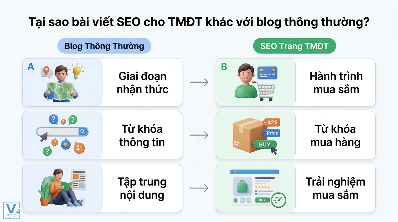 Viết bài SEO cho website thương mại điện tử: Những điều cần lưu ý 1 Phân biệt SEO thương mại điện tử và blog qua hành trình khách hàng, từ khóa mua hàng cùng trải nghiệm người dùng tối ưu trên website