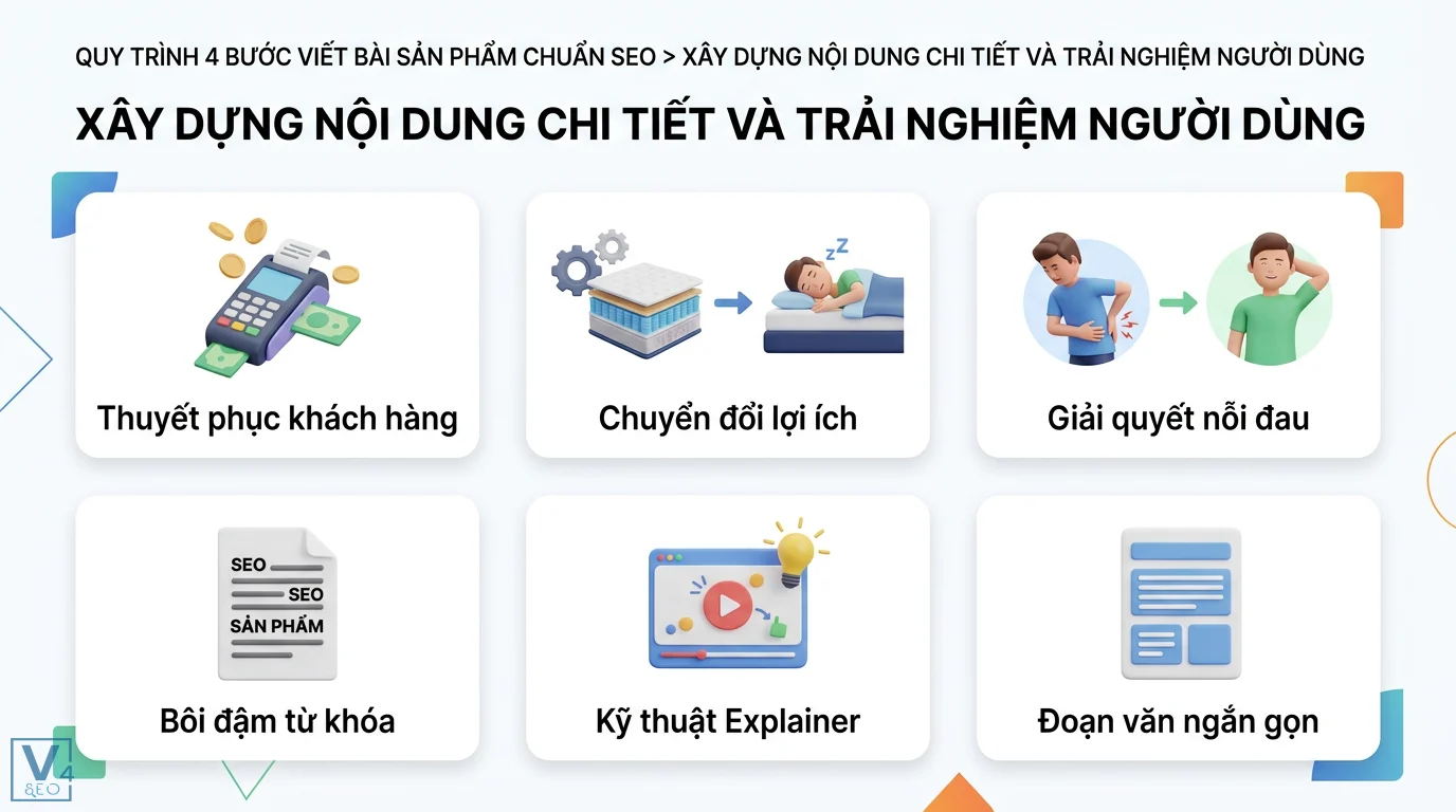 Viết bài SEO cho website thương mại điện tử: Những điều cần lưu ý 2 Xây dựng nội dung chi tiết và trải nghiệm người dùng qua chuyển đổi lợi ích, giải quyết nỗi đau, bôi đậm từ khóa và kỹ thuật explainer