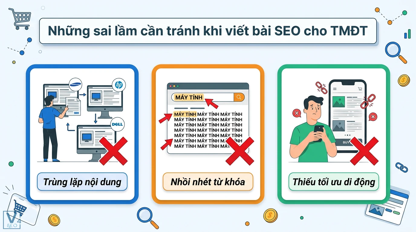 Viết bài SEO cho website thương mại điện tử: Những điều cần lưu ý 3 Sai lầm SEO TMĐT cần tránh gồm trùng lặp nội dung sản phẩm, nhồi nhét từ khóa và thiếu tối ưu trải nghiệm người dùng trên di động