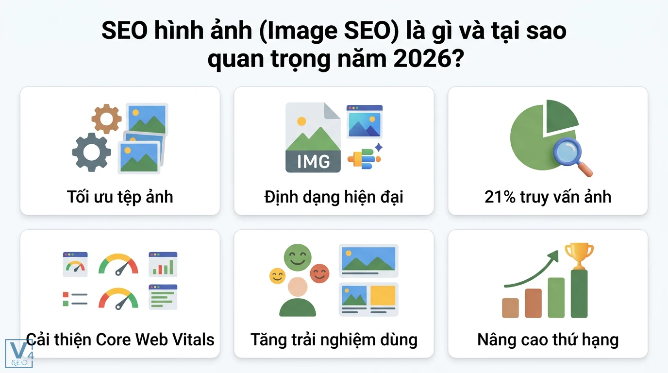 Viết Content SEO cho tìm kiếm hình ảnh (Image SEO) chuẩn AI 2026 1 Image SEO 2026 giúp tối ưu tệp, định dạng hiện đại, chiếm 21% truy vấn, cải thiện Core Web Vitals, tăng trải nghiệm và nâng cao thứ hạng