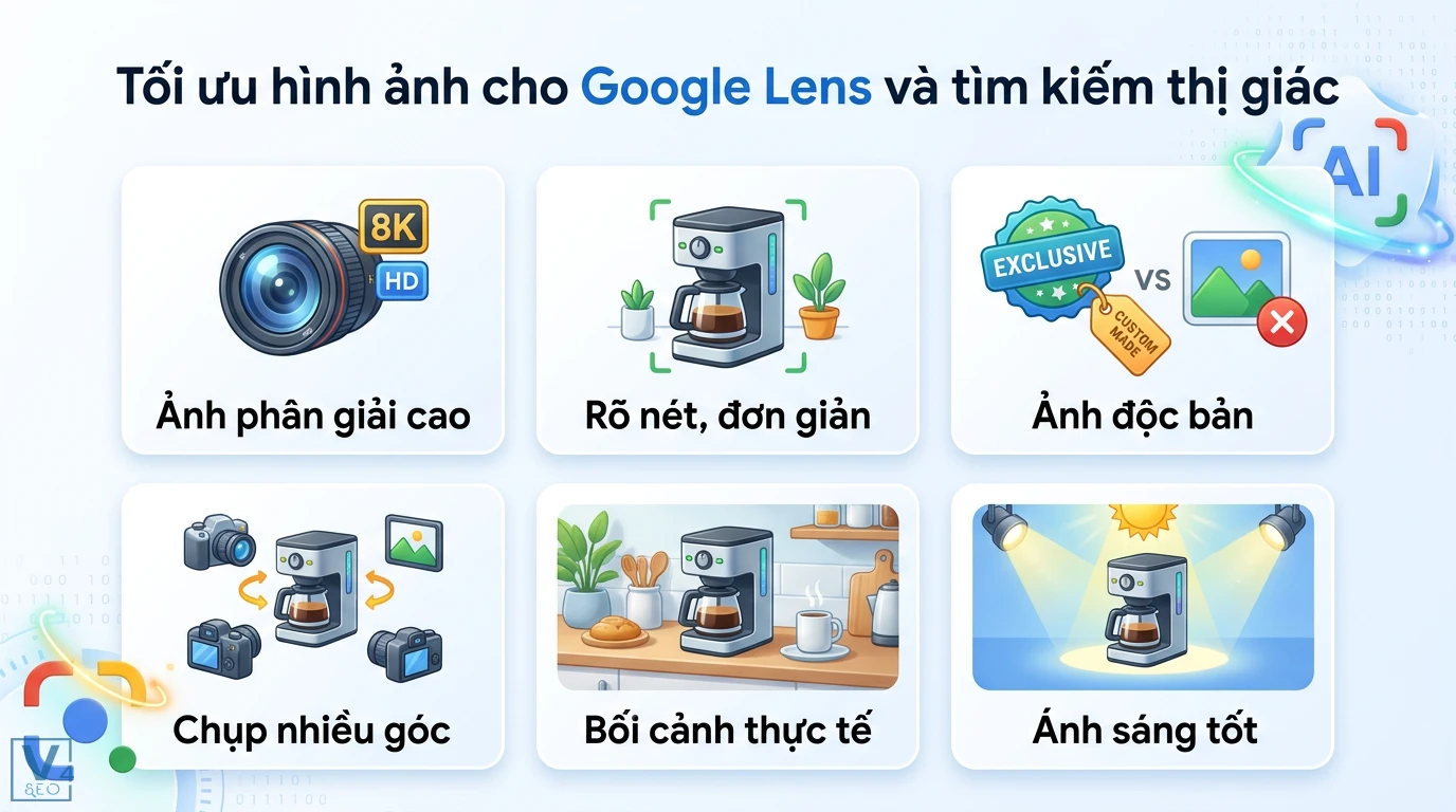 Viết Content SEO cho tìm kiếm hình ảnh (Image SEO) chuẩn AI 2026 2 Tối ưu Google Lens và tìm kiếm thị giác qua độ phân giải 8K, tính độc bản, đơn giản, đa góc chụp, bối cảnh thực tế và ánh sáng rõ nét