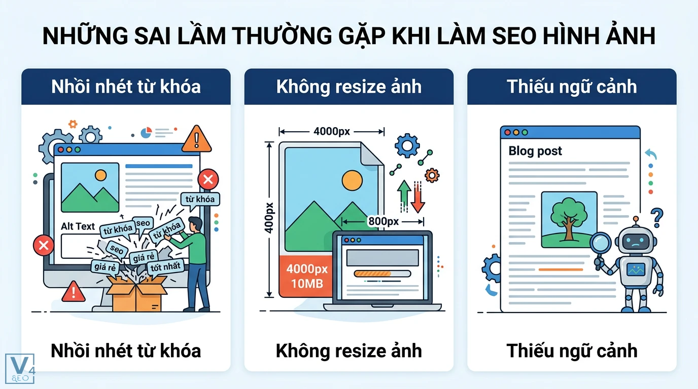 Viết Content SEO cho tìm kiếm hình ảnh (Image SEO) chuẩn AI 2026 3 Sai lầm SEO gồm nhồi nhét từ khóa vào Alt Text, không resize kích thước 4000px và chèn nội dung thiếu ngữ cảnh văn bản liên quan