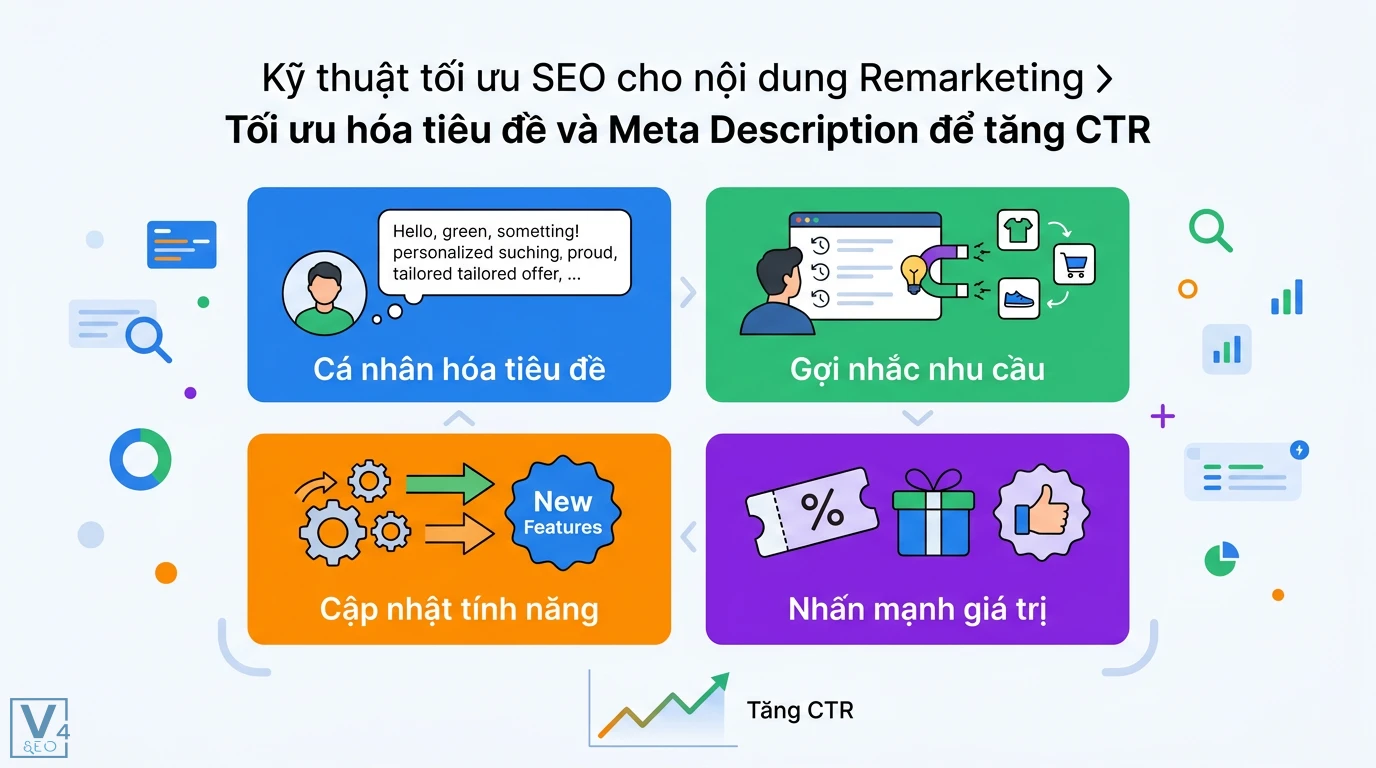Viết Content SEO phù hợp cho các chiến dịch Remarketing hiệu quả 2 Tối ưu tiêu đề và Meta Description Remarketing qua cá nhân hóa, gợi nhắc nhu cầu, cập nhật tính năng và nhấn mạnh giá trị giúp tăng CTR