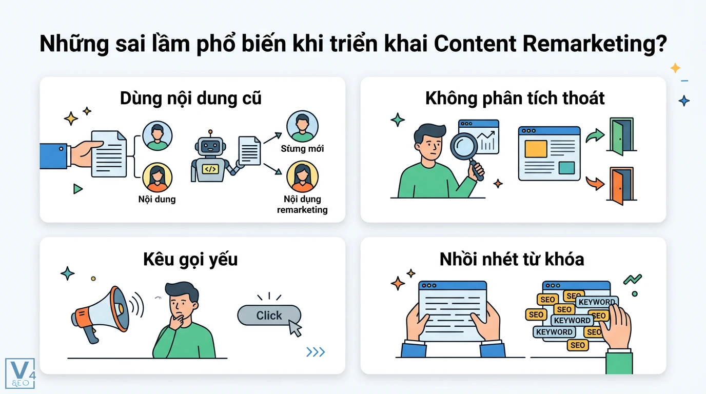 Viết Content SEO phù hợp cho các chiến dịch Remarketing hiệu quả 3 Sai lầm khi triển khai Content Remarketing gồm dùng nội dung cũ, không phân tích lý do thoát trang, kêu gọi hành động yếu và nhồi nhét từ khóa SEO